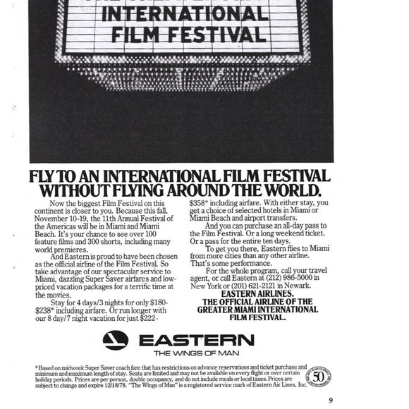 Eastern Airlines Great Miami Film Festival 1970s Vintage Print Ad 9 in Tall - Picture 2 of 4